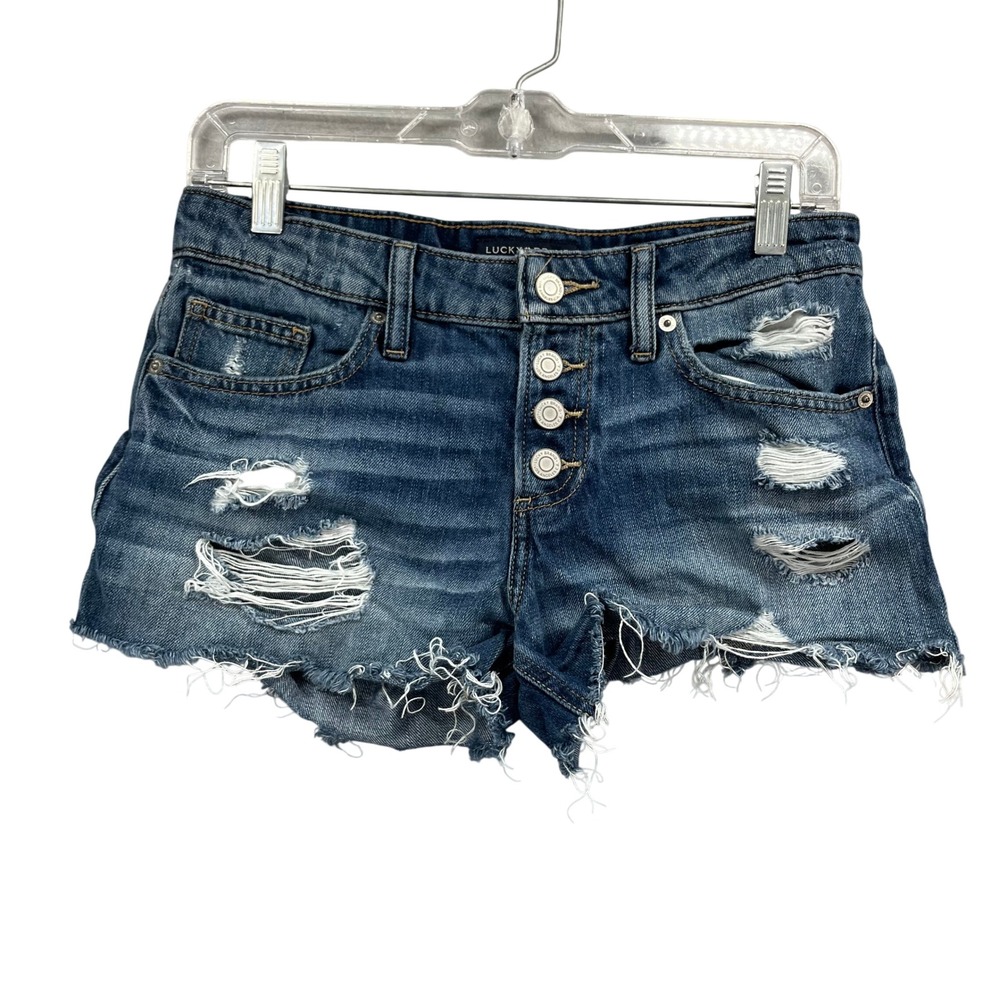 Lucky Brand The Cut Off Denim Shorts Women 0/25 Blue Jorts Distressed Button Fly